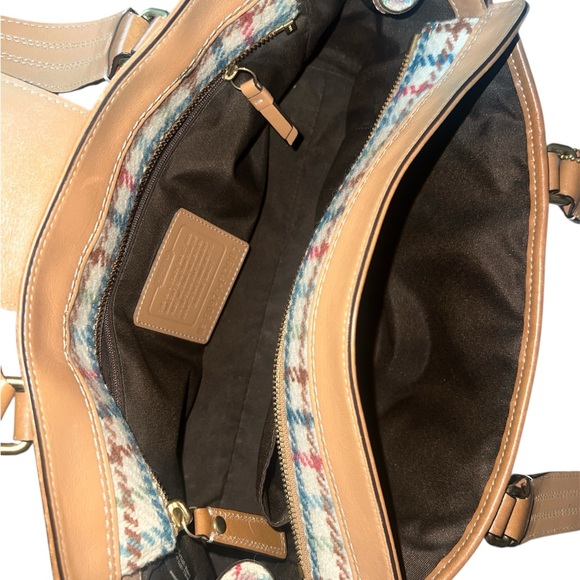 Vintage Coach Hampton Wool Tattersall Carryall Satchel Bag In Tan/Cream - Picture 4 of 4